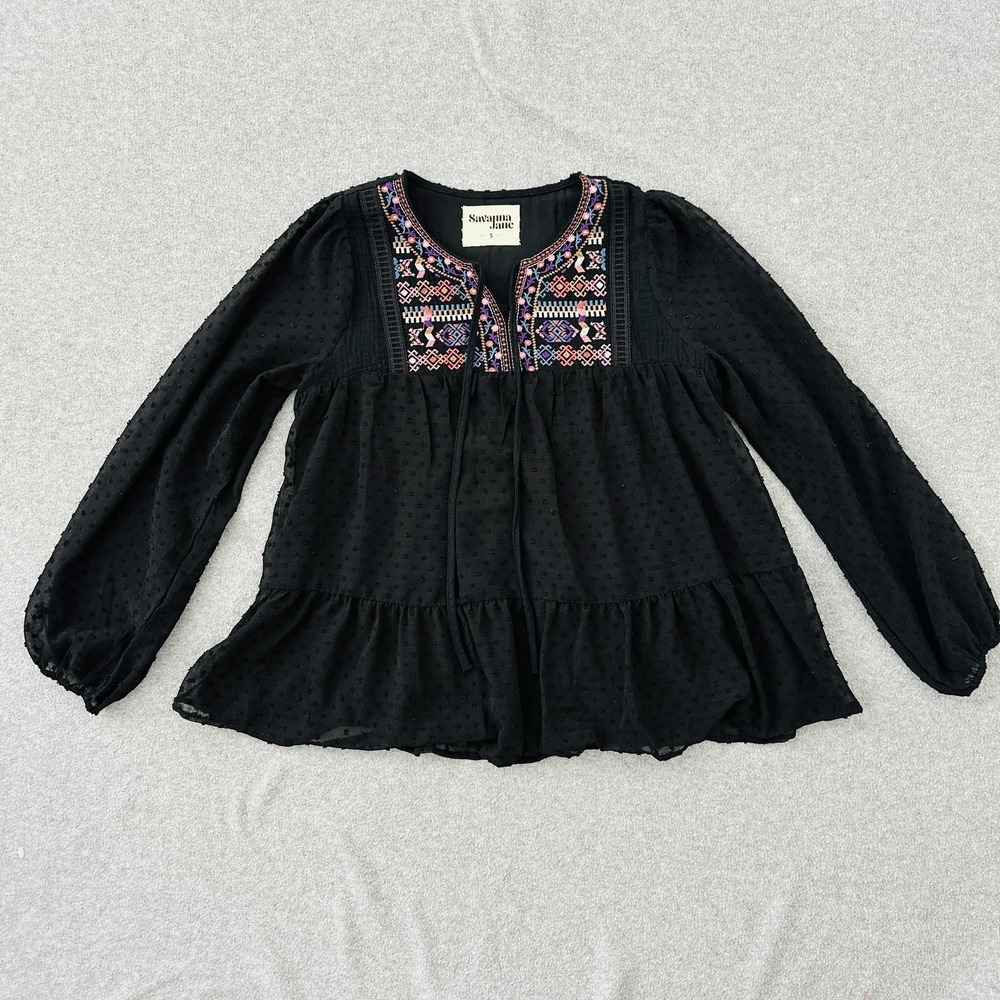 Savanna Jane Top Small Black Embroidered Boho Peasant‎ Cottage Flowy Babydoll
